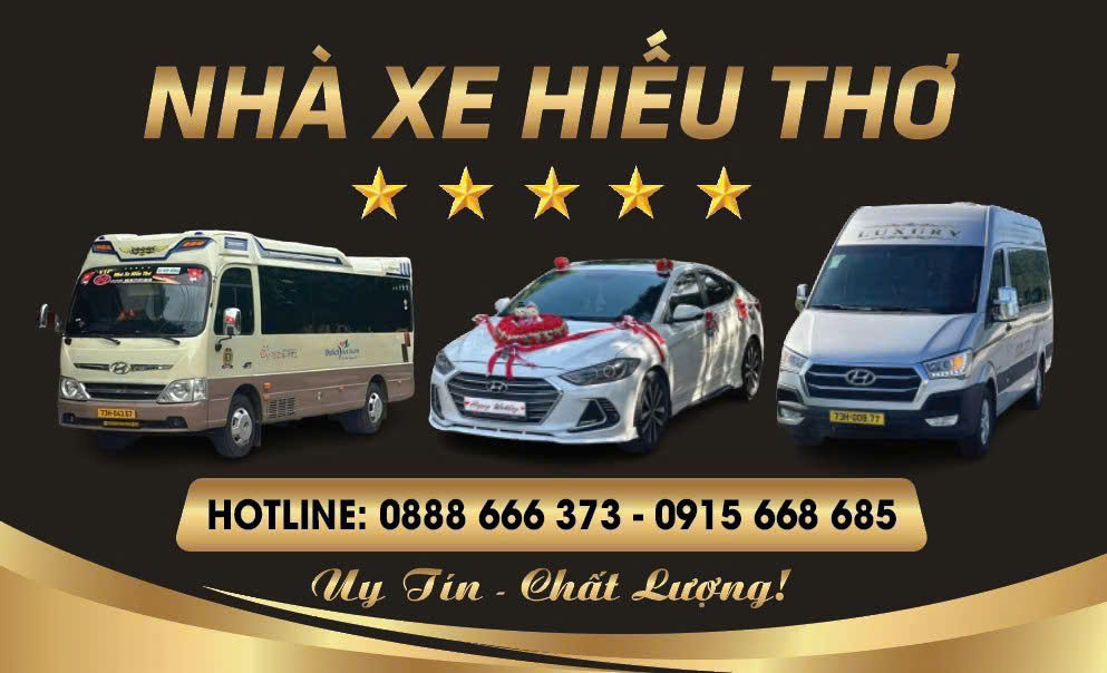 Banner nhà xe Hiếu Thơ với xe khách 29 chỗ, xe hoa cưới và xe limousine 9 chỗ, hotline 0888 666 373 và 0915 668 685